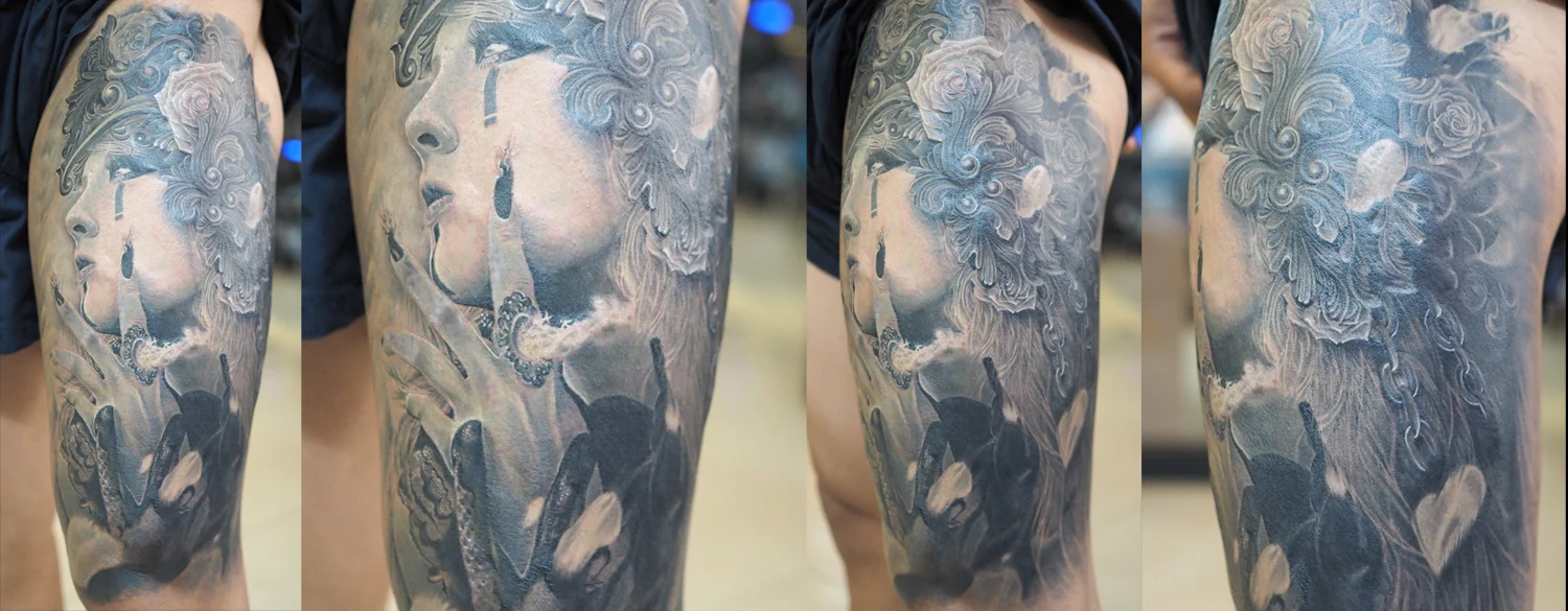 Black and grey portrait and floral tattoo series